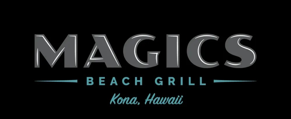 Magics Beach Grill Kona, Hawaii logo on black background.